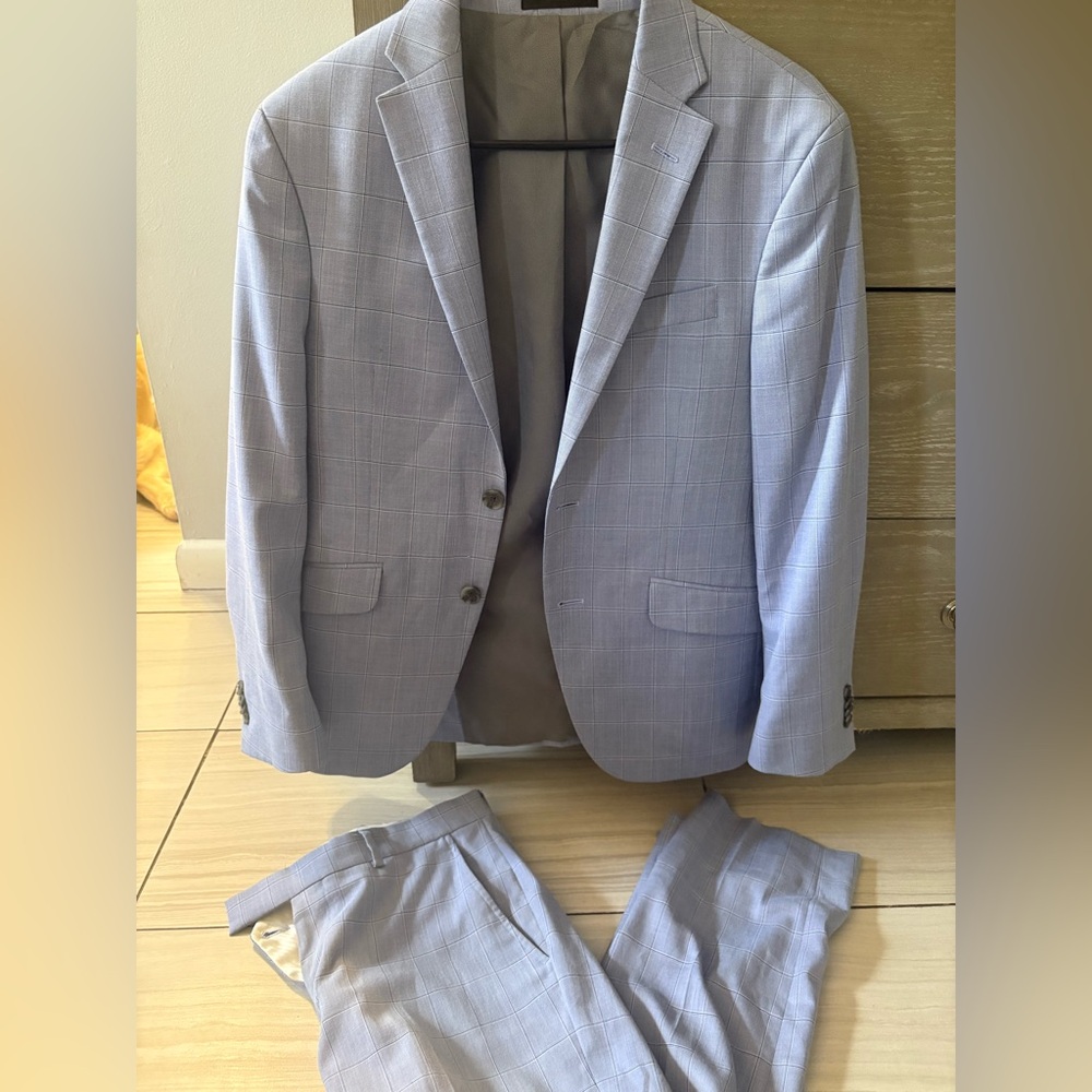 Kenneth Cole Light Blue Plaid Suit Modern Cut